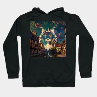 Peaceful French Village Illustration with Hidden Image of a Cat Hoodie